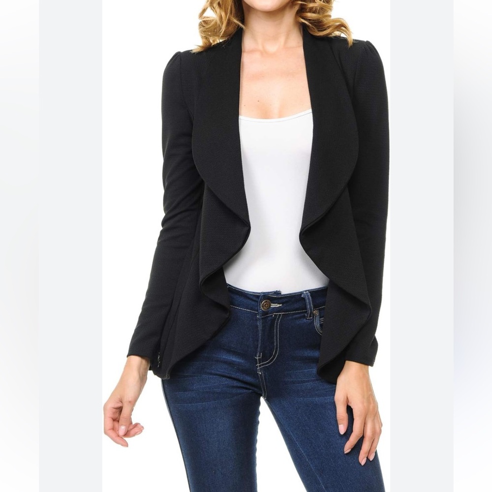 Minefree open-front Black Blazer waterfall collar size L crepe texture EUC